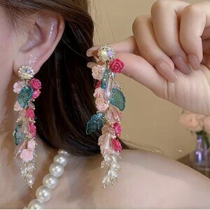 NEW Fairy Princess Pink and Green Delicate Flower Drop Earrings